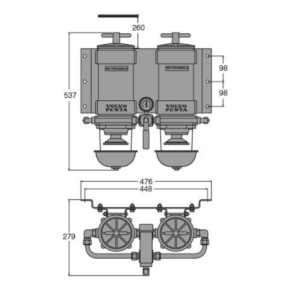 Volvo Penta kaksik-kütusefilter/veeseparaator, läbipaistvad kausid – 889280
