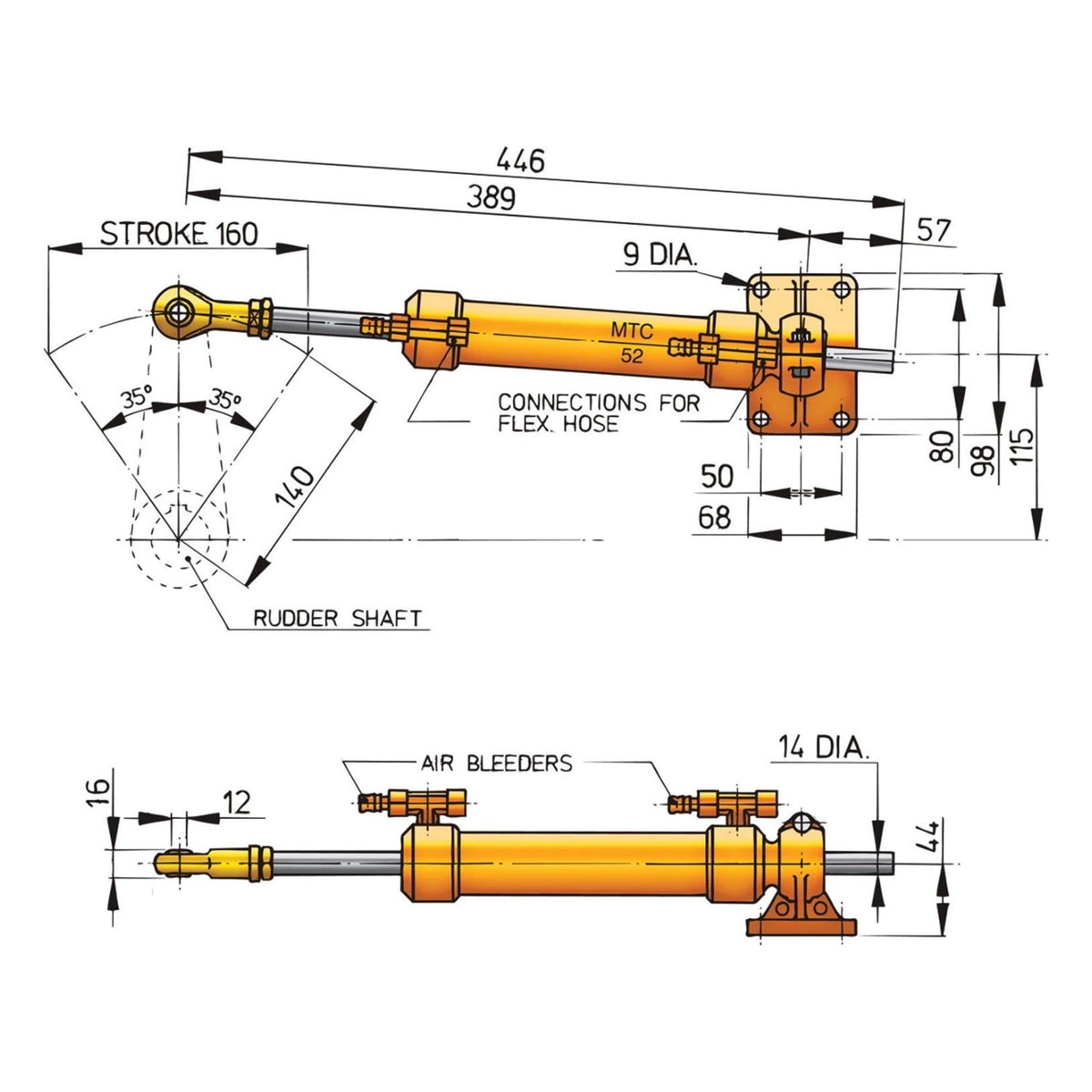 Vetus hüdrauliline roolisilinder MTC52, Ø 10 mm torule (koos 10 mm liitmikega) – MTC5210
