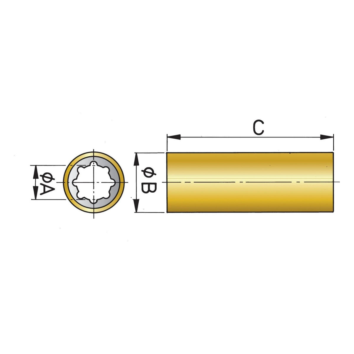 Vetus kummist võlli liuglaager, võll Ø 30 mm, välisläbimõõt Ø 45 mm, pikkus 120 mm, messingkestaga – RL3045